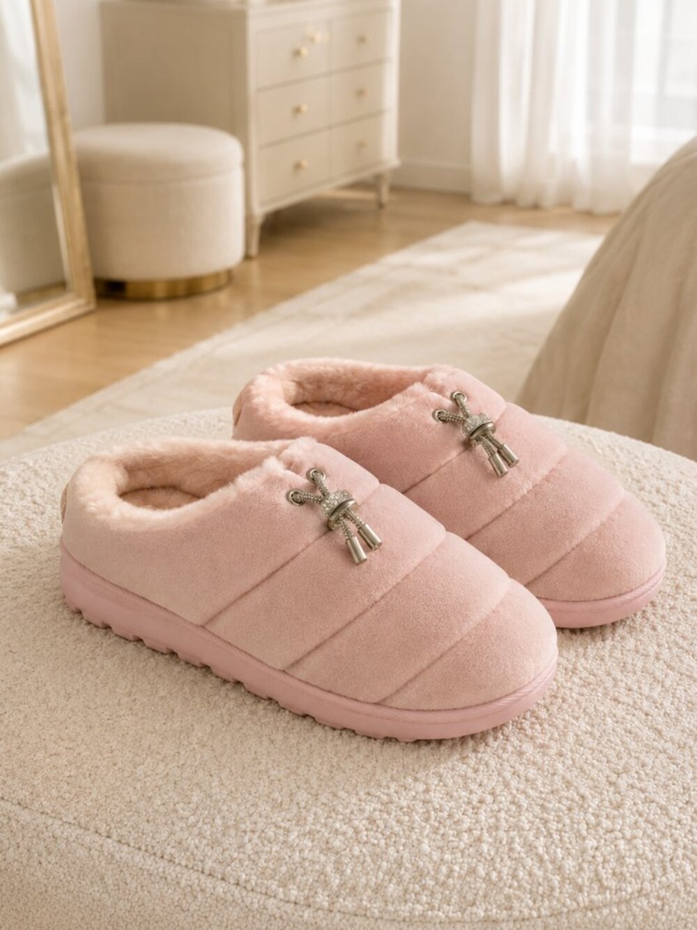 Juicy Couture Pink Puffer Slippers Plush Lined Women’s 6.5–7.5 NWT